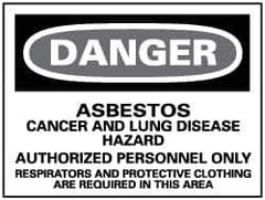 NMC - "Danger - Asbestos Cancer and Lung Disease Hazard - Authorized Personnel Only", 14" Long x 20" Wide, Rigid Plastic Safety Sign - Rectangle, 0.05" Thick, Use for Hazardous Materials - USA Tool & Supply