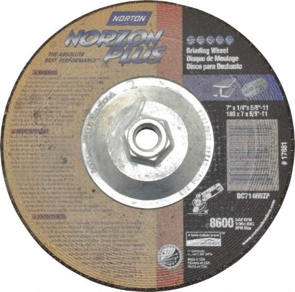 Norton - 24 Grit, 7" Wheel Diam, 1/4" Wheel Thickness, Type 27 Depressed Center Wheel - Ceramic, 8,600 Max RPM, Compatible with Angle Grinder - USA Tool & Supply