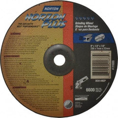 Norton - 24 Grit, 9" Wheel Diam, 1/4" Wheel Thickness, 7/8" Arbor Hole, Type 27 Depressed Center Wheel - Ceramic, 6,600 Max RPM, Compatible with Angle Grinder - USA Tool & Supply