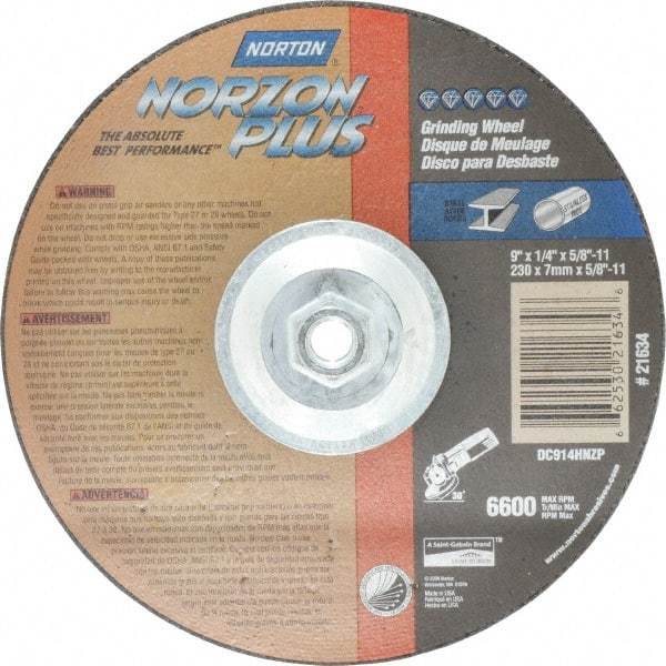 Norton - 24 Grit, 9" Wheel Diam, 1/4" Wheel Thickness, Type 27 Depressed Center Wheel - Ceramic, 6,600 Max RPM, Compatible with Angle Grinder - USA Tool & Supply