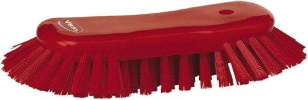 Vikan - 1.3" Bristle Length, Polyester Utility Scrub Brush - 7-3/4" Long x 3" Wide Head, 8" OAL, European Threaded Handle, Red, Polypropylene Block - USA Tool & Supply