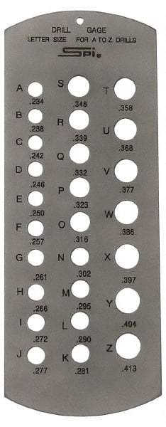 SPI - A Letter to Z Letter Hole Size Drill Gage - 6 Inch Long, 2-1/2 Inch Wide, 26 Holes - USA Tool & Supply