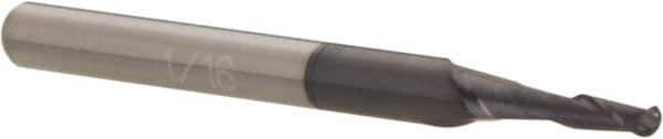 Accupro - 1/16" Diam, 3/16" LOC, 2 Flute Solid Carbide Ball End Mill - AlTiN Finish, Single End, 1-1/2" OAL, 1/8" Shank Diam, Spiral Flute - USA Tool & Supply