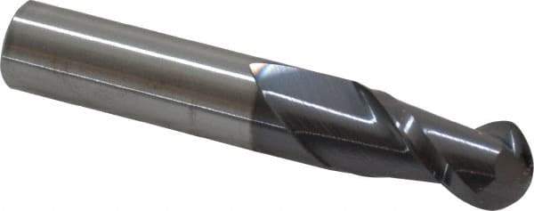 Accupro - 1/2" Diam, 1" LOC, 2 Flute Solid Carbide Ball End Mill - AlTiN Finish, Single End, 3" OAL, 1/2" Shank Diam, Spiral Flute - USA Tool & Supply