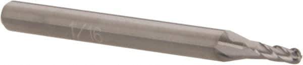 Accupro - 1/16" Diam, 3/16" LOC, 4 Flute Solid Carbide Ball End Mill - Uncoated, Single End, 1-1/2" OAL, 1/8" Shank Diam, Spiral Flute - USA Tool & Supply