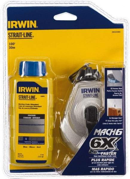 Irwin - 100' Long Reel & Chalk Set - Blue, Includes (1) 4 oz Standard Blue Chalk (6:1) & (1) MACH6 Chalk Reel - USA Tool & Supply