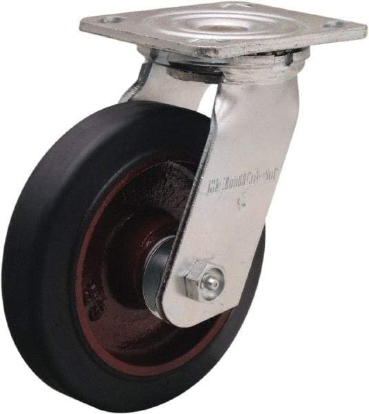 Hamilton - 6" Diam x 1-1/2" Wide x 7-1/2" OAH Top Plate Mount Swivel Caster - Rubber Mold on Cast Iron, 280 Lb Capacity, Straight Roller Bearing, 4 x 4-1/2" Plate - USA Tool & Supply