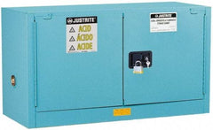 Justrite - 2 Door, 1 Shelf, Blue Steel Stackable Safety Cabinet for Corrosive Chemicals - 24" High x 43" Wide x 18" Deep, Manual Closing Door, 17 Gal Capacity - USA Tool & Supply