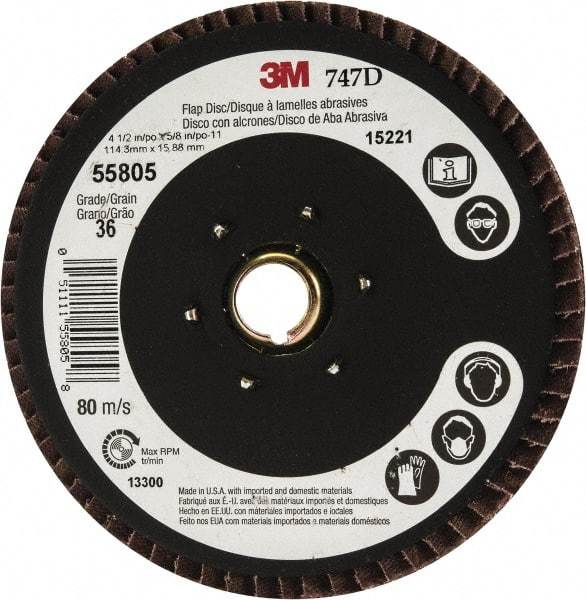 3M - 36 Grit, 4-1/2" Disc Diam, 5/8-11 Center Hole, Type 27 Ceramic Flap Disc - 13,300 Max RPM, Cloth Backing, Arbor Attaching System, Coated - USA Tool & Supply