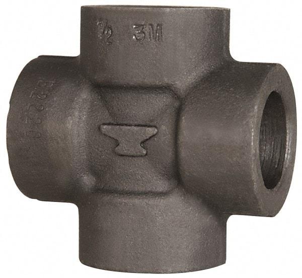 Made in USA - Size 1-1/2", Class 3,000, Forged Carbon Steel Black Pipe Cross - 3,000 psi, Socket Weld End Connection - USA Tool & Supply