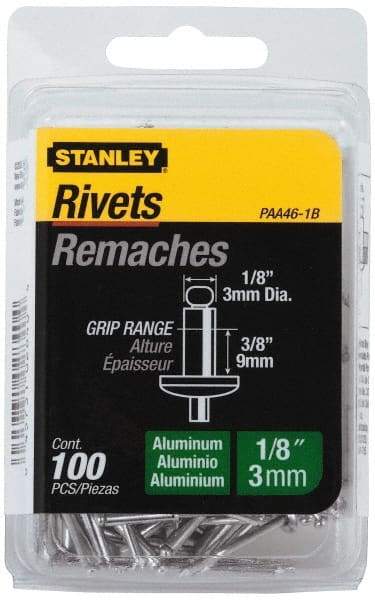 Stanley - Aluminum Color Coded Blind Rivet - Aluminum Mandrel, 0.313" to 3/8" Grip, 1/4" Head Diam, 0.125" to 0.133" Hole Diam, 0.525" Length Under Head, 1/8" Body Diam - USA Tool & Supply