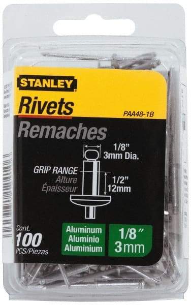 Stanley - Aluminum Color Coded Blind Rivet - Aluminum Mandrel, 3/8" to 1/2" Grip, 1/4" Head Diam, 0.125" to 0.133" Hole Diam, 0.65" Length Under Head, 1/8" Body Diam - USA Tool & Supply