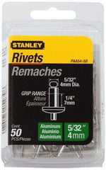 Stanley - Aluminum Color Coded Blind Rivet - Aluminum Mandrel, 0.188" to 1/4" Grip, 5/16" Head Diam, 0.156" to 0.164" Hole Diam, 0.425" Length Under Head, 5/32" Body Diam - USA Tool & Supply