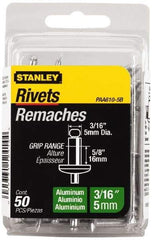 Stanley - Aluminum Color Coded Blind Rivet - Aluminum Mandrel, 1/2" to 5/8" Grip, 3/8" Head Diam, 0.188" to 0.196" Hole Diam, 0.825" Length Under Head, 3/16" Body Diam - USA Tool & Supply