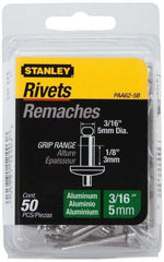 Stanley - Aluminum Color Coded Blind Rivet - Aluminum Mandrel, 0.032" to 1/8" Grip, 3/8" Head Diam, 0.188" to 0.196" Hole Diam, 0.325" Length Under Head, 3/16" Body Diam - USA Tool & Supply