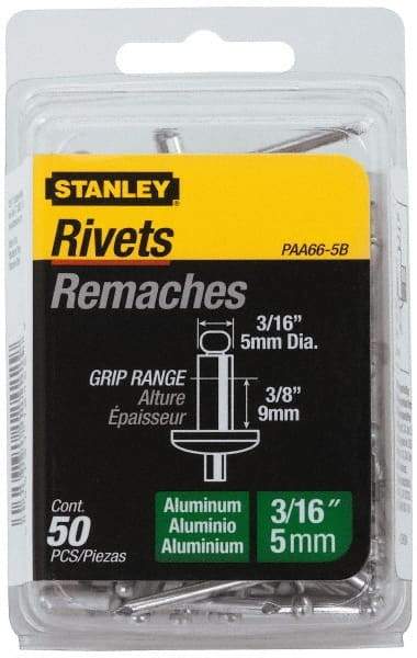 Stanley - Aluminum Color Coded Blind Rivet - Aluminum Mandrel, 0.313" to 3/8" Grip, 3/8" Head Diam, 0.188" to 0.196" Hole Diam, 0.575" Length Under Head, 3/16" Body Diam - USA Tool & Supply