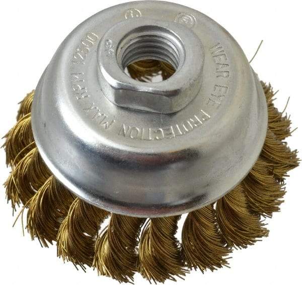 Value Collection - 2-3/4" Diam, 5/8-11 Threaded Arbor, Brass Fill Cup Brush - 0.014 Wire Diam, 3/4" Trim Length, 12,500 Max RPM - USA Tool & Supply