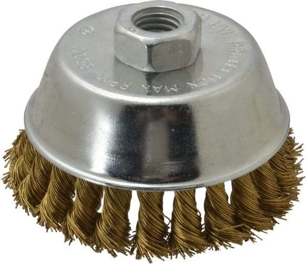Value Collection - 4" Diam, 5/8-11 Threaded Arbor, Brass Fill Cup Brush - 0.02 Wire Diam, 7/8" Trim Length, 8,500 Max RPM - USA Tool & Supply
