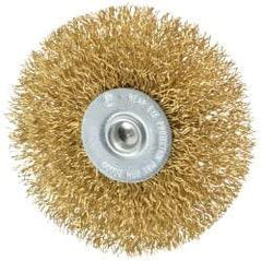 Value Collection - 3" OD, 1/4" Shank Diam, Crimped Brass Wheel Brush - 3/8" Face Width, 7/8" Trim Length, 0.014" Filament Diam, 20,000 RPM - USA Tool & Supply