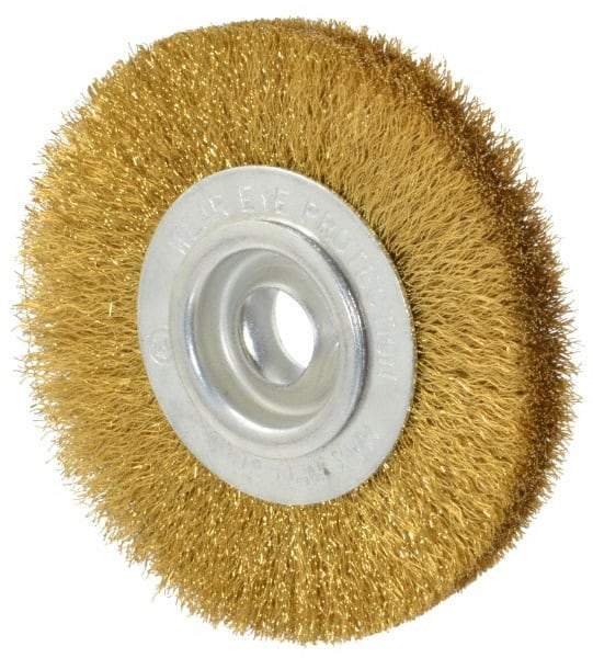 Value Collection - 4" OD, 5/8" Arbor Hole, Crimped Brass Wheel Brush - 1/2" Face Width, 5/8" Trim Length, 0.008" Filament Diam, 6,000 RPM - USA Tool & Supply