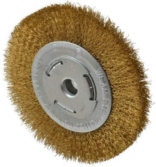 Value Collection - 6" OD, 1/4" Arbor Hole, Crimped Brass Wheel Brush - 1/2" Face Width, 1-1/8" Trim Length, 0.012" Filament Diam, 6,000 RPM - USA Tool & Supply