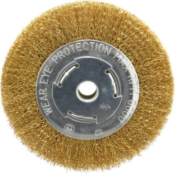 Value Collection - 6" OD, 5/8" Arbor Hole, Crimped Brass Wheel Brush - 1/2" Face Width, 1-1/8" Trim Length, 0.014" Filament Diam, 6,000 RPM - USA Tool & Supply