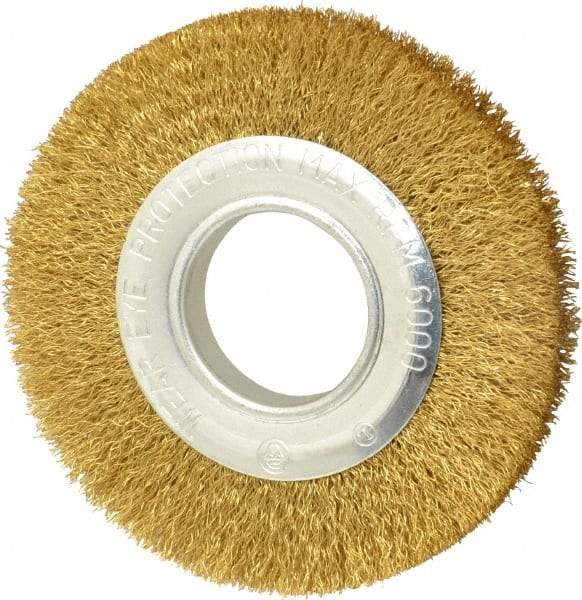 Value Collection - 6" OD, 1/4" Arbor Hole, Crimped Brass Wheel Brush - 7/8" Face Width, 1-1/8" Trim Length, 0.012" Filament Diam, 6,000 RPM - USA Tool & Supply