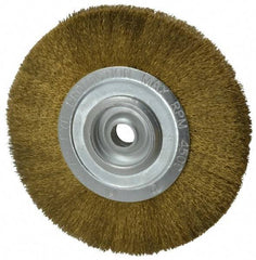Value Collection - 8" OD, 3/4" Arbor Hole, Crimped Brass Wheel Brush - 1/2" Face Width, 1-3/4" Trim Length, 0.008" Filament Diam, 4,500 RPM - USA Tool & Supply