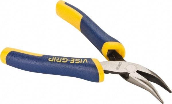 Irwin - 5" OAL, 1-1/8" Jaw Length x 1/4" Jaw Width, Long Nose Side Cutting Bent Nose Pliers - Serrated Jaw, Standard Head, ProTouch Handles, with Spring - USA Tool & Supply