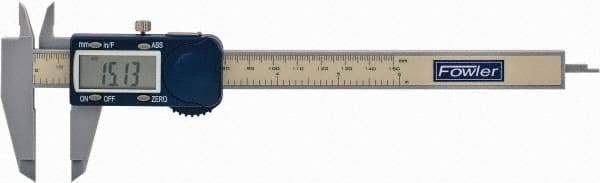 Fowler - 0 to 150mm Range, 0.01mm Resolution, Electronic Caliper - Polycarbonate with 1.56" Polycarbonate Jaws, 0.2mm Accuracy - USA Tool & Supply