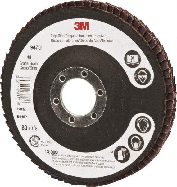 3M - 40 Grit, 4-1/2" Disc Diam, 7/8" Center Hole, Type 27 Ceramic Flap Disc - 13,300 Max RPM, Cloth Backing, Arbor Attaching System, Coated - USA Tool & Supply
