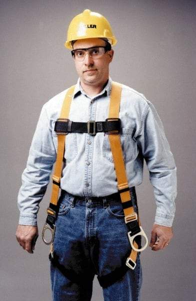 Miller - 400 Lb Capacity, Size Universal, Full Body Construction Safety Harness - Polyester, Side D-Ring, Mating Leg Strap, Mating Chest Strap, Yellow/Black - USA Tool & Supply