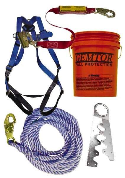 Gemtor - Universal Size, 300 Lb. Capacity, Polyester Roofer Fall Protection Kit - Back D Ring, 3 Ft. Lanyard Long, Single Use Anchor, Blue, Black and Yellow - USA Tool & Supply