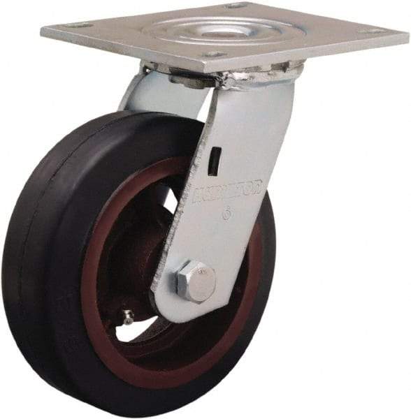 Hamilton - 6" Diam x 2" Wide x 7-1/2" OAH Top Plate Mount Swivel Caster - Rubber Mold on Cast Iron, 410 Lb Capacity, Straight Roller Bearing, 5 x 5-1/2" Plate - USA Tool & Supply