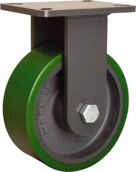 Hamilton - 8" Diam x 3" Wide x 10-1/2" OAH Top Plate Mount Rigid Caster - Polyurethane Mold onto Cast Iron Center, 2,500 Lb Capacity, Tapered Roller Bearing, 5-1/4 x 7-1/4" Plate - USA Tool & Supply