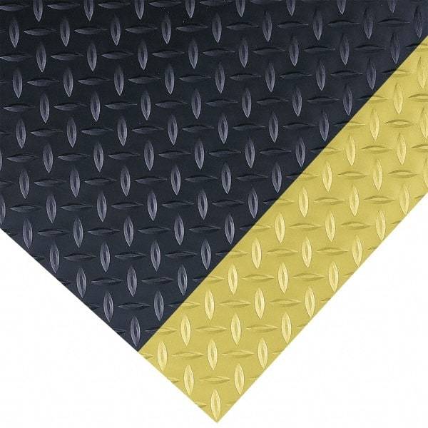 Wearwell - 75 Ft. Long x 3 Ft. Wide x 1/4 Inch Thick, Vinyl, Diamond Plate Surface Switchboard Matting - 30,000 V Max Dielectric Strength, 17,000 V Max Recommended Use, Black with Yellow Borders - USA Tool & Supply