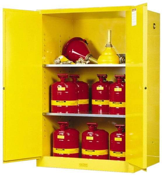 Justrite - 2 Door, 2 Shelf, Yellow Steel Standard Safety Cabinet for Flammable and Combustible Liquids - 65" High x 43" Wide x 34" Deep, Self Closing Door, 90 Gal Capacity - USA Tool & Supply