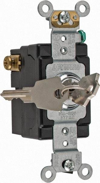 Leviton - 3 Pole, 120 to 277 VAC, 20 Amp, Industrial Grade, Key Lock, Wall and Dimmer Light Switch - 4.06 Inch High - USA Tool & Supply