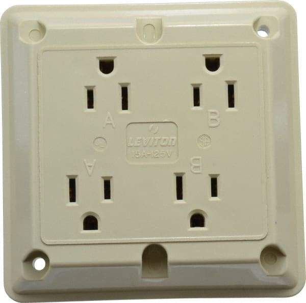 Leviton - 125 VAC, 15 Amp, 5-15R NEMA Configuration, Ivory, Specification Grade, Self Grounding Fourplex Receptacle - 1 Phase, 2 Poles, 3 Wire, Flush Mount, Chemical, Corrosion and Impact Resistant - USA Tool & Supply