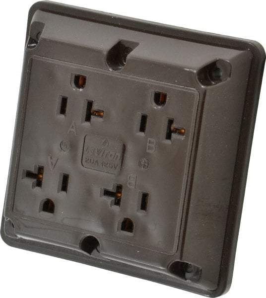 Leviton - 125 VAC, 20 Amp, 5-20R NEMA Configuration, Brown, Specification Grade, Self Grounding Fourplex Receptacle - 1 Phase, 2 Poles, 3 Wire, Flush Mount, Chemical, Corrosion and Impact Resistant - USA Tool & Supply