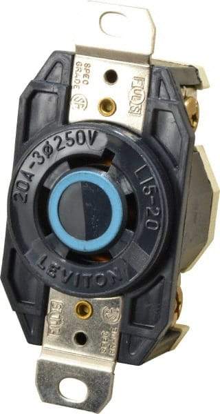Leviton - 250 VAC, 20 Amp, L15-20R NEMA, Self Grounding Receptacle - 3 Poles, 4 Wire, Female End, Black - USA Tool & Supply