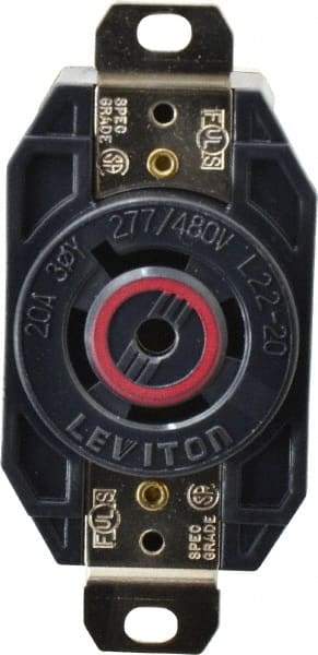 Leviton - 277/480 VAC, 20 Amp, L22-20R NEMA, Self Grounding Receptacle - 4 Poles, 5 Wire, Female End, Black - USA Tool & Supply