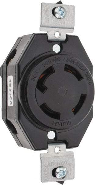 Leviton - 250 VDC, 250/600 VAC, 30 Amp, NonNEMA, Self Grounding Receptacle - 3 Poles, 4 Wire, Female End, Black - USA Tool & Supply