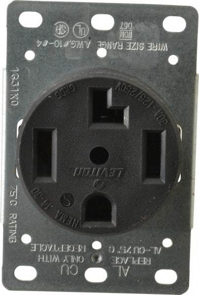 Leviton - 125/250 VAC, 30 Amp, 14-30R NEMA Configuration, Black, Industrial Grade, Self Grounding Single Receptacle - 1 Phase, 3 Poles, 4 Wire, Flush Mount, Corrosion Resistant - USA Tool & Supply