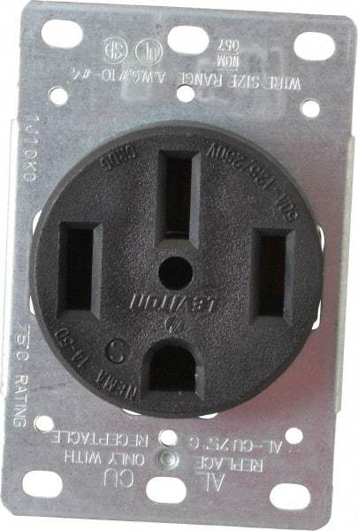 Leviton - 125/250 VAC, 50 Amp, 14-50R NEMA Configuration, Black, Industrial Grade, Self Grounding Single Receptacle - 1 Phase, 3 Poles, 4 Wire, Flush Mount, Corrosion Resistant - USA Tool & Supply
