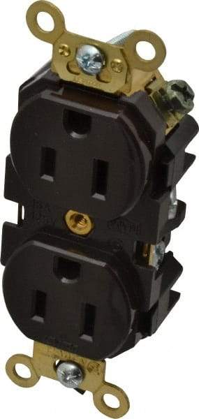 Leviton - 125 VAC, 15 Amp, 5-15R NEMA Configuration, Brown, Industrial Grade, Self Grounding Duplex Receptacle - 1 Phase, 2 Poles, 3 Wire, Flush Mount, Impact Resistant - USA Tool & Supply