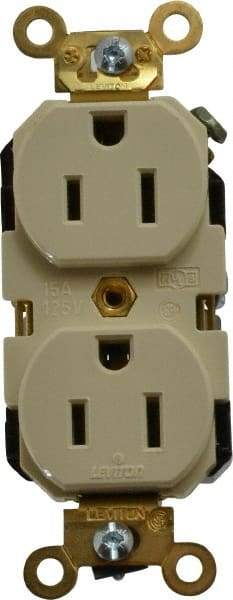 Leviton - 125 VAC, 15 Amp, 5-15R NEMA Configuration, Ivory, Industrial Grade, Self Grounding Duplex Receptacle - 1 Phase, 2 Poles, 3 Wire, Flush Mount, Impact Resistant - USA Tool & Supply