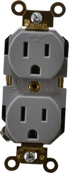Leviton - 125 VAC, 15 Amp, 5-15R NEMA Configuration, Gray, Industrial Grade, Self Grounding Duplex Receptacle - 1 Phase, 2 Poles, 3 Wire, Flush Mount, Impact Resistant - USA Tool & Supply