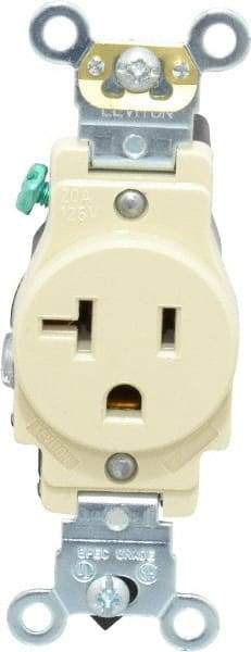 Leviton - 125 VAC, 20 Amp, 5-20R NEMA Configuration, Ivory, Industrial Grade, Self Grounding Single Receptacle - 1 Phase, 2 Poles, 3 Wire, Flush Mount, Impact and Tamper Resistant - USA Tool & Supply