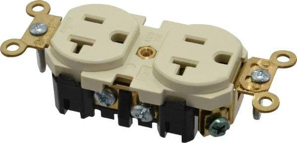 Leviton - 125 VAC, 20 Amp, 5-20R NEMA Configuration, Ivory, Industrial Grade, Self Grounding Duplex Receptacle - 1 Phase, 2 Poles, 3 Wire, Flush Mount, Impact and Tamper Resistant - USA Tool & Supply